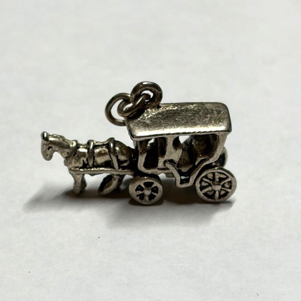 Vintage 3D 925 Sterling Silver Horse-Drawn Carriage Buggy Charm